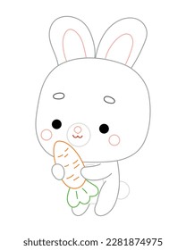 Coloring book for children, Cartoon cute character rabbit and carrot