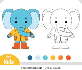 Coloring book for children, Cartoon cute character elephant in a raincoat