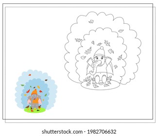 Coloring book for children, cartoon elephant throws leaves, autumn. vector isolated on a white background