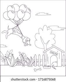 coloring book for children. Cartoon funny 
dachshund is flying in balloons behind a bone. Angry dog ​​in a booth. Summer farm. Contour outline hand drawn vector illustration.