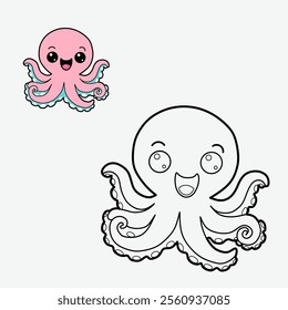 Coloring book for children (cartoon octopus with a wide smile). Coloring book, education game for children.
Illustration of Coloring book with cartoon octopus.