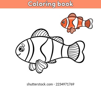 Coloring book for children. Cartoon orange fish. Contour of clown fish. Vector illustration.