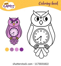 Coloring book for children. Cartoon owl-clock
