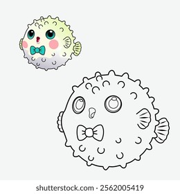 Coloring book for children (cartoon pufferfish with exaggerated round cheeks). Coloring book, education game for children.