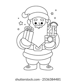 Coloring book for children, cartoon Santa Claus and gifts