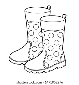 Coloring book for children, cartoon shoe collection. Rubber boots