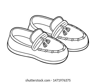 Coloring book for children, cartoon shoe collection. Moccasins