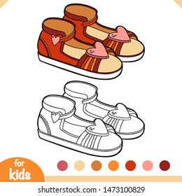 Coloring book for children, cartoon shoe collection. Kids sandals with heart sign