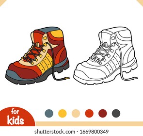 Libro de colorear para niños, colección de caricaturas de zapatos. Arranque de senderismo