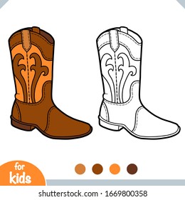 Coloring book for children, cartoon shoe collection. Western boot
