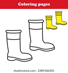 Coloring book for children, cartoon shoe collection. Rubber boots