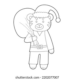 A coloring book for children, a cartoon tiger in a Santa costume and with a bag of gifts. Vector isolated on a white background