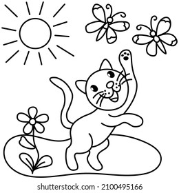 coloring book for children, cat catches butterflies, black outline on a white background, vector