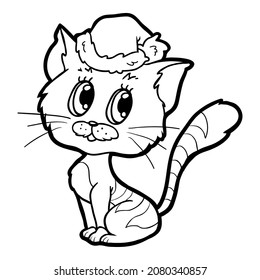 Coloring book for children, Cat and Christmas hat