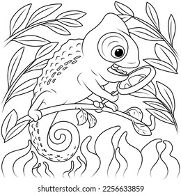 Coloring book for children. Chameleon sits on a branch and looks in the mirror. The task for children can be used in a book, magazine.