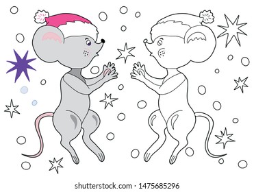 Coloring book for children. Cheerful little mouse in a hat. Hand drawn. Black and white vector illustration with a sample for coloring.