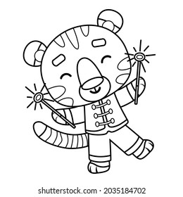 Coloring book for children, Chinese New Year, Tiger and sparklers