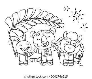 Coloring book for children, Chinese New Year, Tiger, Ox, Rabbit with decorations