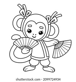 Coloring book for children, Chinese new year character monkey and fans