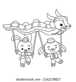 Coloring book for children, Chinese new year characters two rabbits and dragon dance