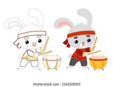 Coloring book for children, Chinese new year character rabbit and drum Tanggu