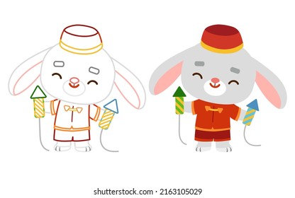 Coloring book for children, Chinese new year character rabbit and fireworks