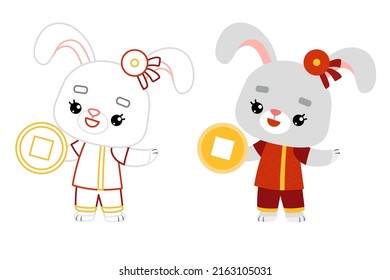 Coloring book for children, Chinese new year character rabbit and cash