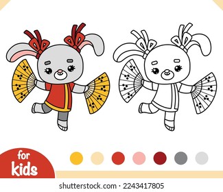 Coloring book for children, Chinese new year character rabbit and fans