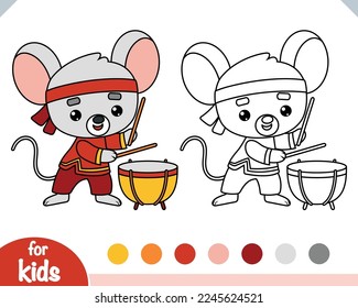 Coloring book for children, Chinese new year character mouse and drum Tanggu
