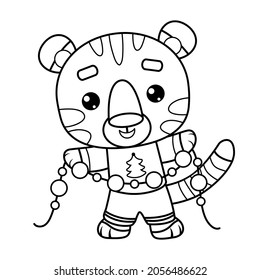 Coloring book for children, Christmas character tiger and garland