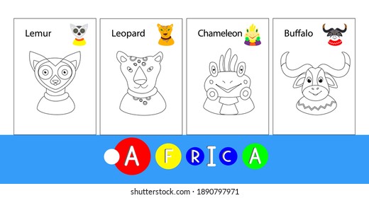 Coloring book for children. A collection of four pages. African animals isolated on a white background. Linear and color drawing is included in the set. Vector, sizes for A5, A4 book format.