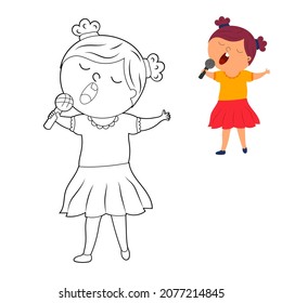 coloring book for children. color it according to the drawing. cute cartoon girl sings into the microphone. vector isolated on a white background