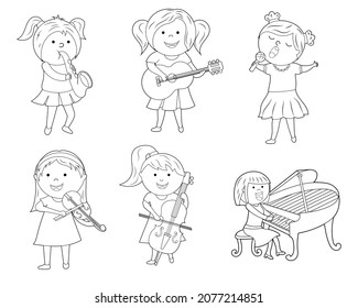 coloring book for children. color it according to the drawing. a set of cute cartoon girl musicians. vector isolated on a white background