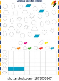 Coloring book for children. Color and count the shapes. Mark the number of shapes in the table with the same color