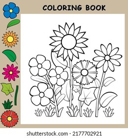 Coloring book for children with colorful samples. Simple cartoon flowers, sunflower, vector illustration