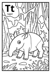 Coloring Book For Children, Colorless Alphabet. Letter T, Tapir