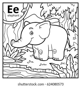 Coloring book for children, colorless alphabet. Letter E, elephant