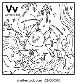 Coloring book for children, colorless alphabet. Letter V, vampire bat