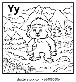 Coloring book for children, colorless alphabet. Letter Y, yeti