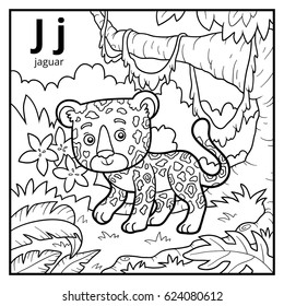 Coloring book for children, colorless alphabet. Letter J, jaguar