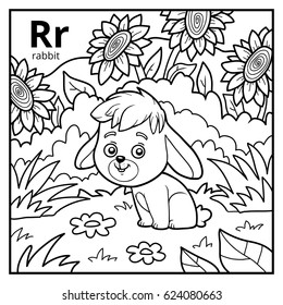 Coloring book for children, colorless alphabet. Letter R, rabbit