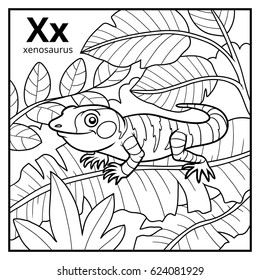 Coloring book for children, colorless alphabet. Letter X, xenosaurus