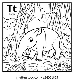 Coloring book for children, colorless alphabet. Letter T, tapir