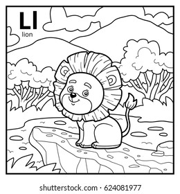 Coloring book for children, colorless alphabet. Letter L, lion