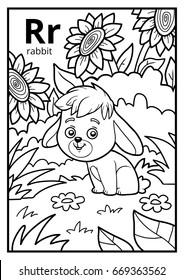 Coloring book for children, colorless alphabet. Letter R, rabbit