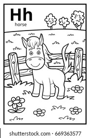 Coloring book for children, colorless alphabet. Letter H, horse