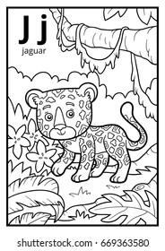 Coloring book for children, colorless alphabet. Letter J, jaguar