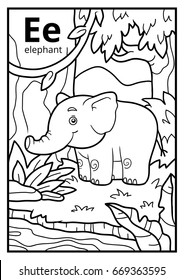 Coloring book for children, colorless alphabet. Letter E, elephant