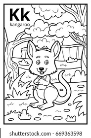 Coloring book for children, colorless alphabet. Letter K, kangaroo