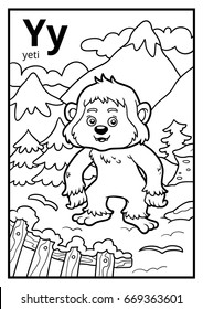 Coloring book for children, colorless alphabet. Letter Y, yeti